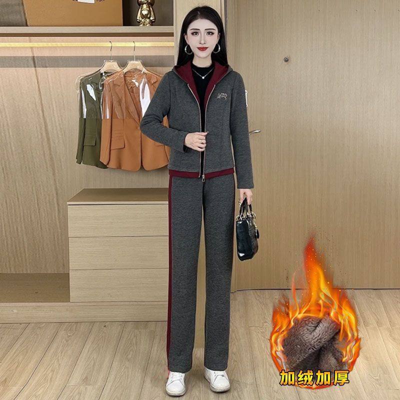2026加绒加厚洋气显瘦中年妈妈大码休闲套装女秋冬连帽开衫两件套
