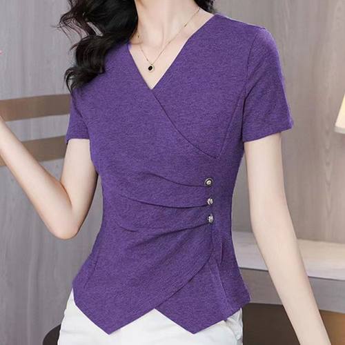 中年妈妈遮肚子显瘦V领上衣女