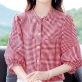 妈妈纯棉衬衫 格子上衣休闲中老年洋气显瘦T恤小衫 女士夏装 七分袖