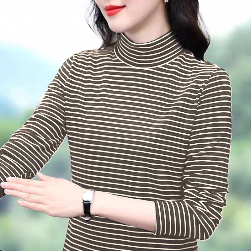 妈妈条纹加绒保暖大码打底衫