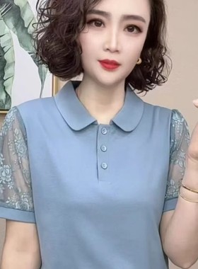 女士短袖t恤2025新款夏装翻领妈妈减龄洋气上衣纱网蕾丝气质小衫