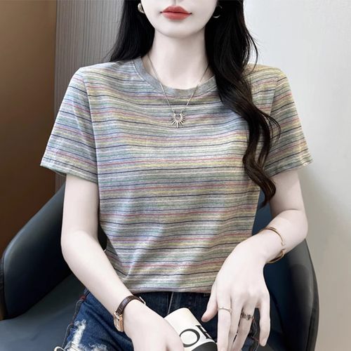 宽松显瘦圆领体恤大码条纹上衣