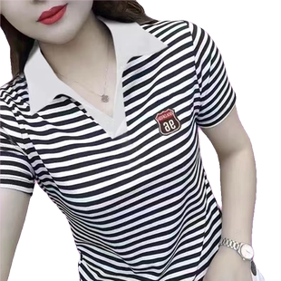 新款夏季短袖t恤女POLO上衣条纹百搭翻领体恤女大码中年妈妈小衫