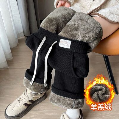 加绒加厚高腰保暖阔腿裤