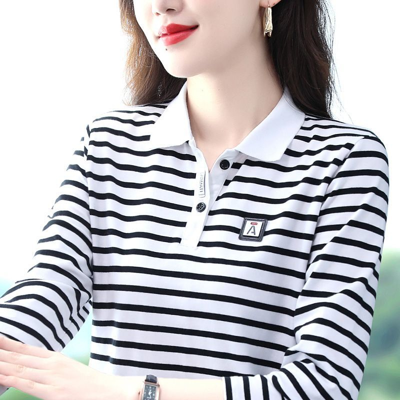 长袖t恤女纯棉翻领条纹春秋装新款中老年妈妈上衣洋气女士打底衫