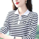 长袖 中老年妈妈上衣洋气女士打底衫 t恤女纯棉翻领条纹春秋装 新款