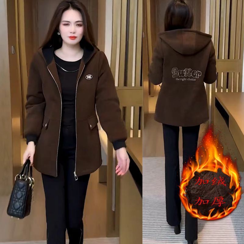 保暖上衣加绒加厚连帽毛呢外套女