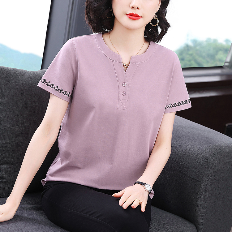 中年妈妈夏装上衣v领短袖t恤女