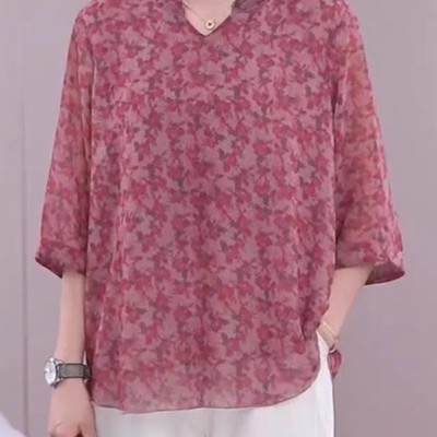 中老年妈妈五分袖雪纺小衫女上衣