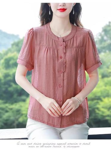 妈妈夏装短袖T恤女士棉麻衬衫