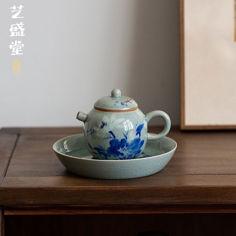 速发壶古老陶泥纯手壶鱼戏冰裂纹开片茶壶单复小品绘带过滤孔功夫