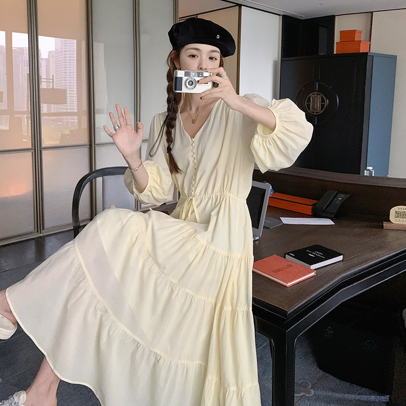 速发春秋款绝美奶f长fu鹅黄色式连衣裙腰长收腰u袖高档衬衣带裙