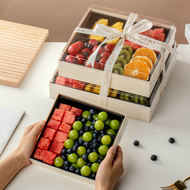 速发水果礼盒高端果切分格木包盒野餐水果礼品空盒子葡打包装盒萄