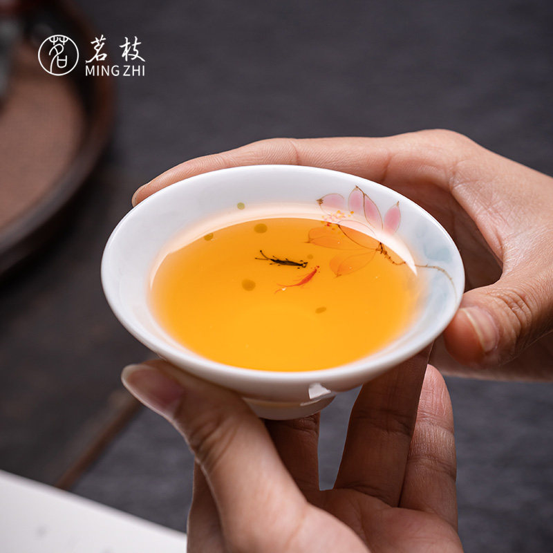 速发茗白瓷斗笠杯功夫茶杯套组家用主人杯单杯小号品茗杯手绘茶盏