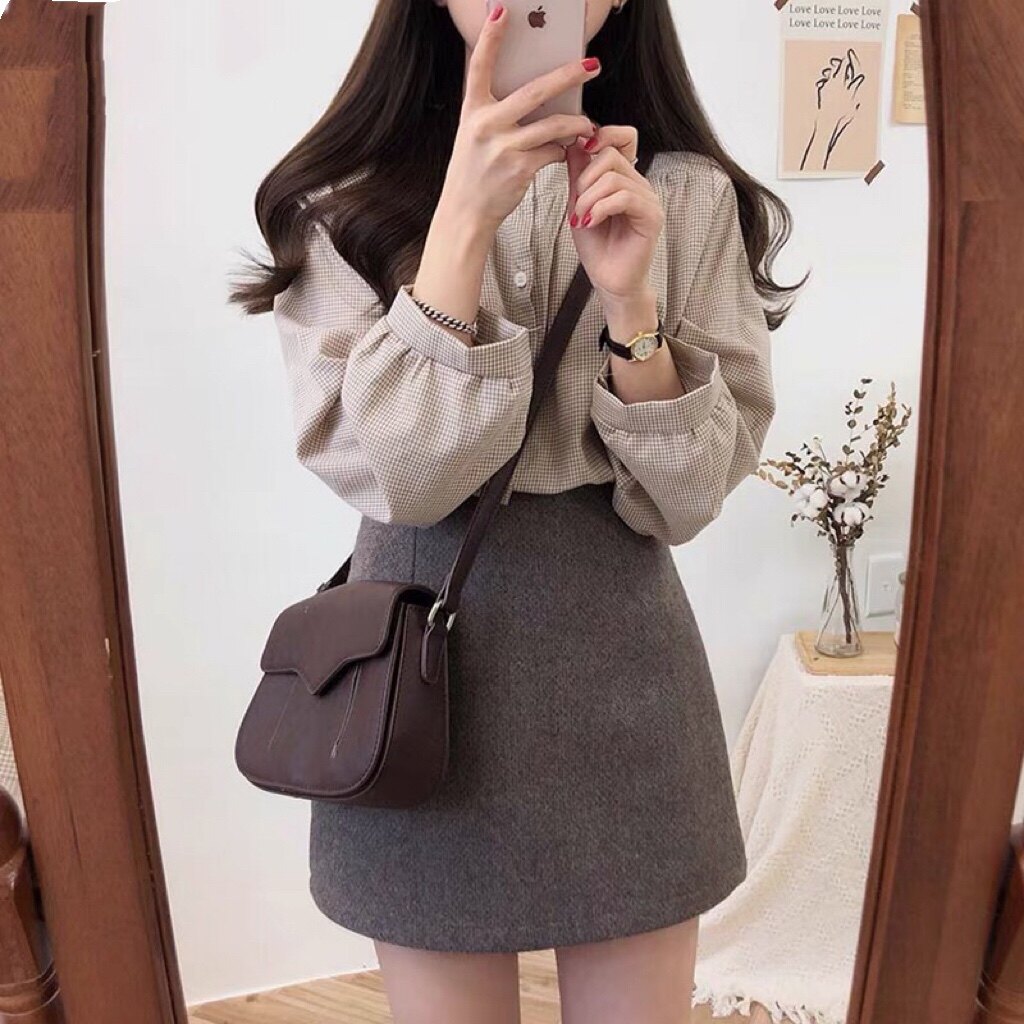 速发秋冬高腰灰色毛呢短裙 条纹人字呢A字包臀裙 女装高腰短版半