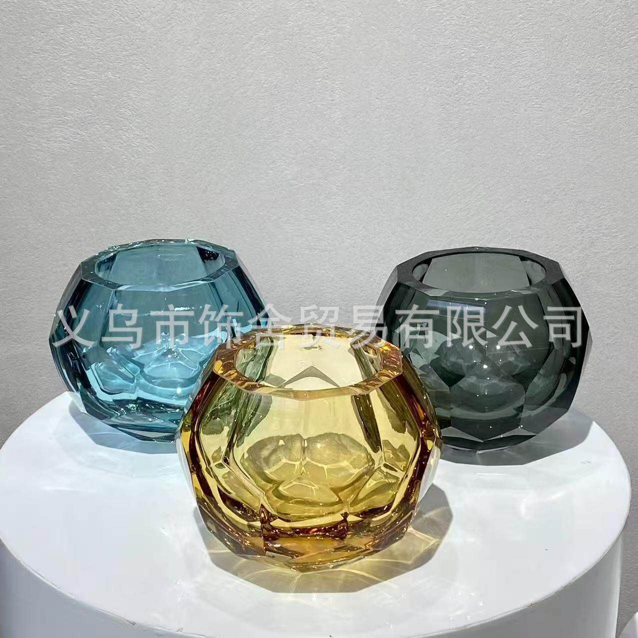 轻奢钻石切面水晶客厅餐桌琉璃摆件装饰插花厚重玻璃烛台花器摆件