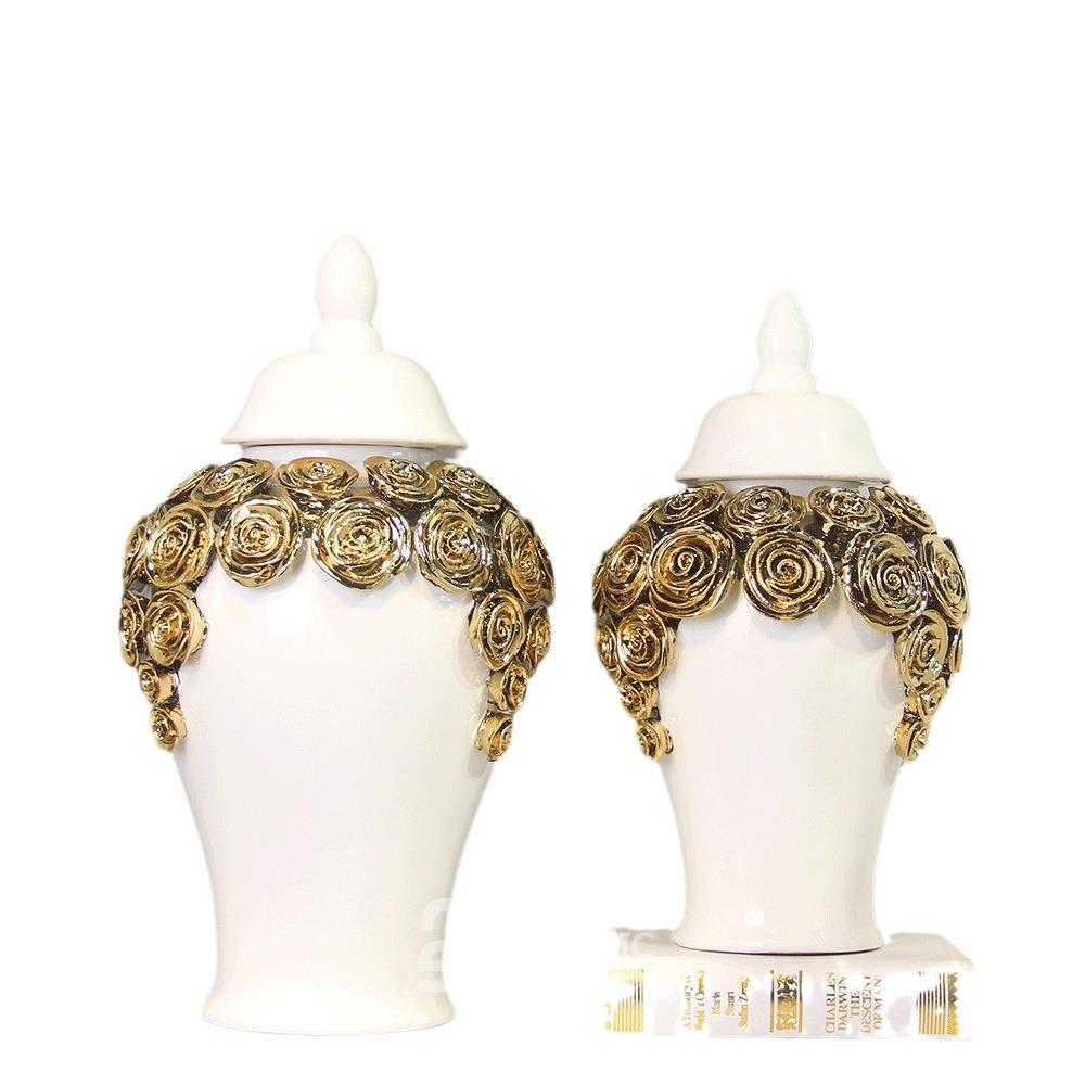 欧式视陶将军罐工艺VHC品摆件柜玄关装饰品电立体花金色电镀瓷花