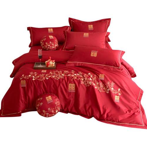 浪漫婚庆全棉床单四件套红色100支大红刺绣婚嫁被套床上用品陪嫁