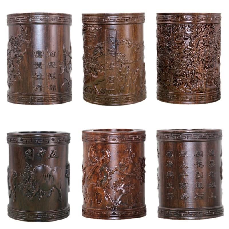 黑梓木木毛笔筒雕木八骏图梅花礼品文房摆笔件归纳毛质笔用