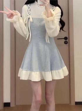 甜美温柔风假两件连衣裙女秋冬新款小个子穿搭收腰显瘦减龄短裙子