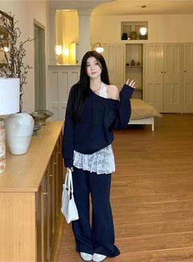 韩系斜肩卫衣套装女春秋季学生宽松韩版时尚减龄休闲运动两件套潮