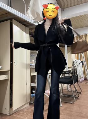 韩系高级感收腰中长款黑色毛衣外套女秋冬季不规则设计感针织开衫