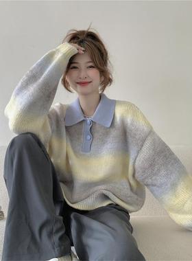 渐变色翻领毛衣女秋冬季加厚慵懒风时尚洋气针织衫宽松polo衫上衣