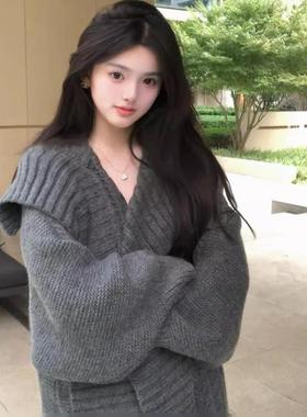 秋冬新款大翻领灰色斗篷大衣女高级感慵懒风长版披肩毛衣开 衫外