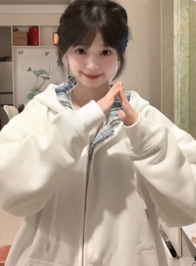 美式高街格子连帽运动衫女秋冬加绒2025新款oversize韩系外套女春