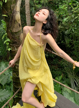 法式黄色仙女裙吊带裙海边度假洋装女显瘦夏季裙子小众气质长裙