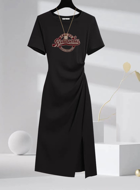 T恤洋装女夏季2025新款气质修身遮肉显瘦开叉法式温柔风中长裙