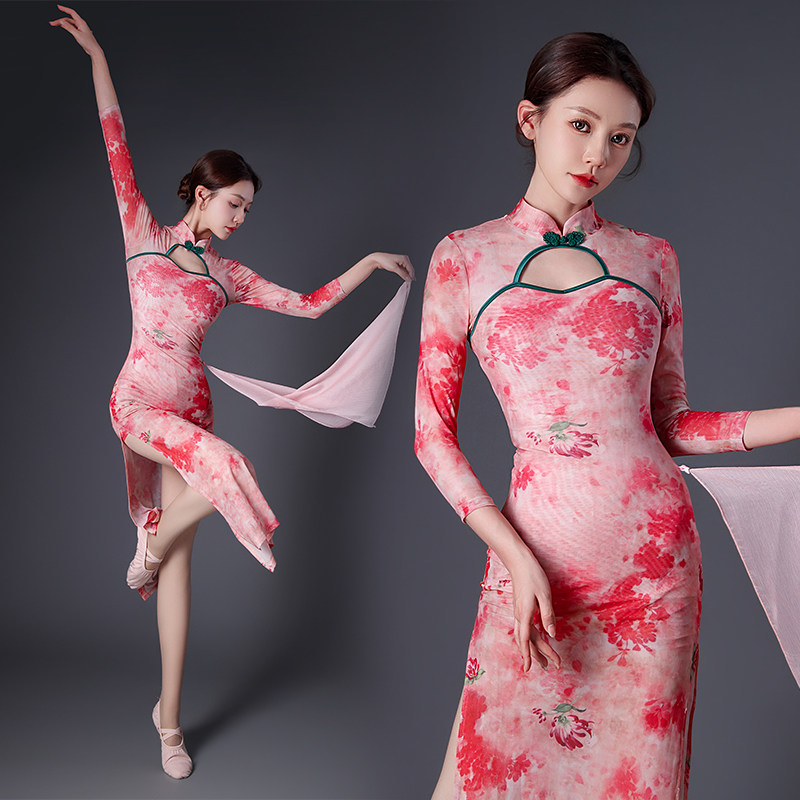 古典舞蹈服女国风舞蹈弹力旗袍表演服中国舞练功服演出服印花
