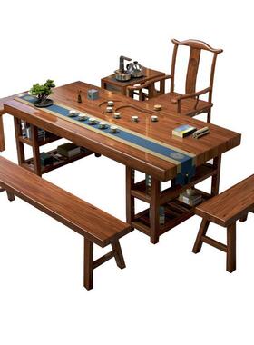 中式实木大板茶台公司客厅功夫全套储物原木办公茶桌套装厂家