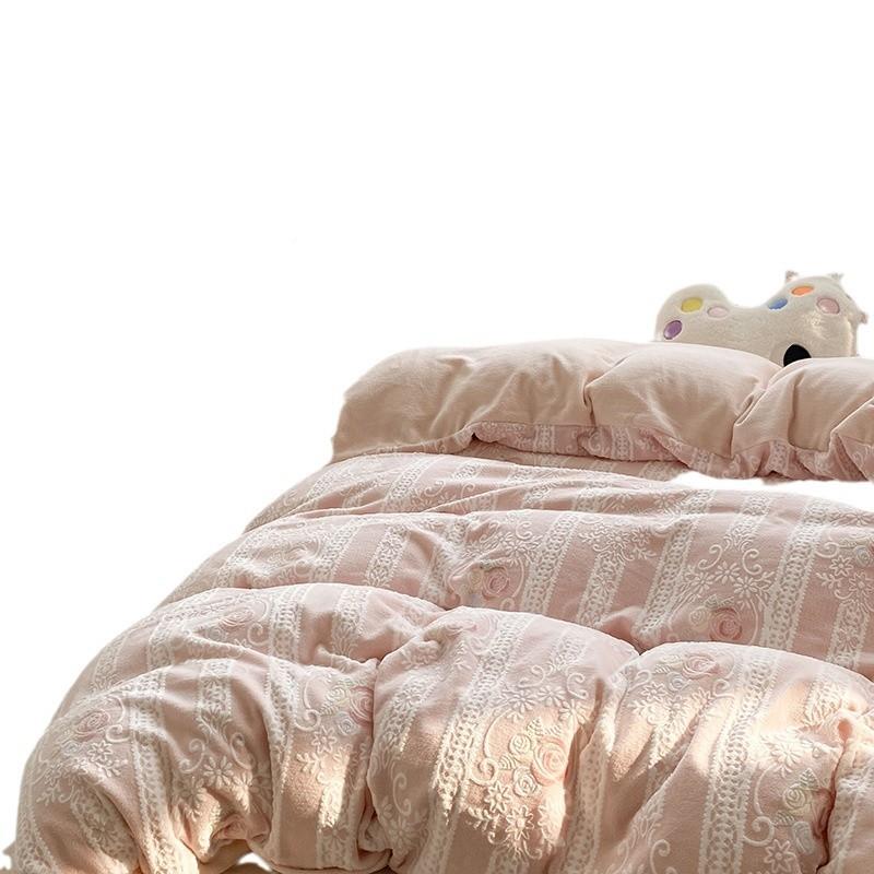 冬季雕花绒少女浪漫田园玫瑰床上1四件套珊瑚yqynzsh绒.保m1.8米