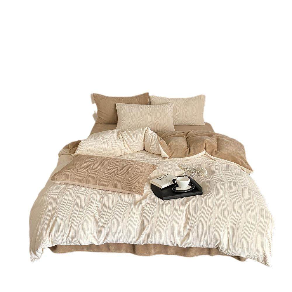 高级感侘寂风牛奶绒立体提花四件套冬季加厚双面绒被套床单床品,床上用品,床品套件/四件套/多件套,淘宝优惠券,粉丝福利购,淘宝优惠卷