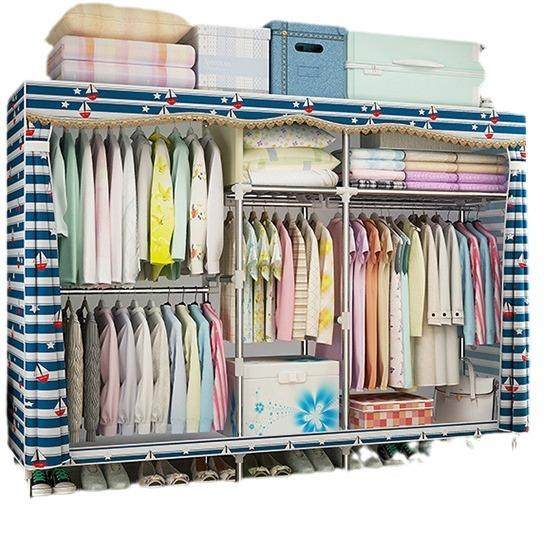 2511双人宿舍组装挂衣橱简易布艺收纳钢架金属布衣柜钢管加粗加固