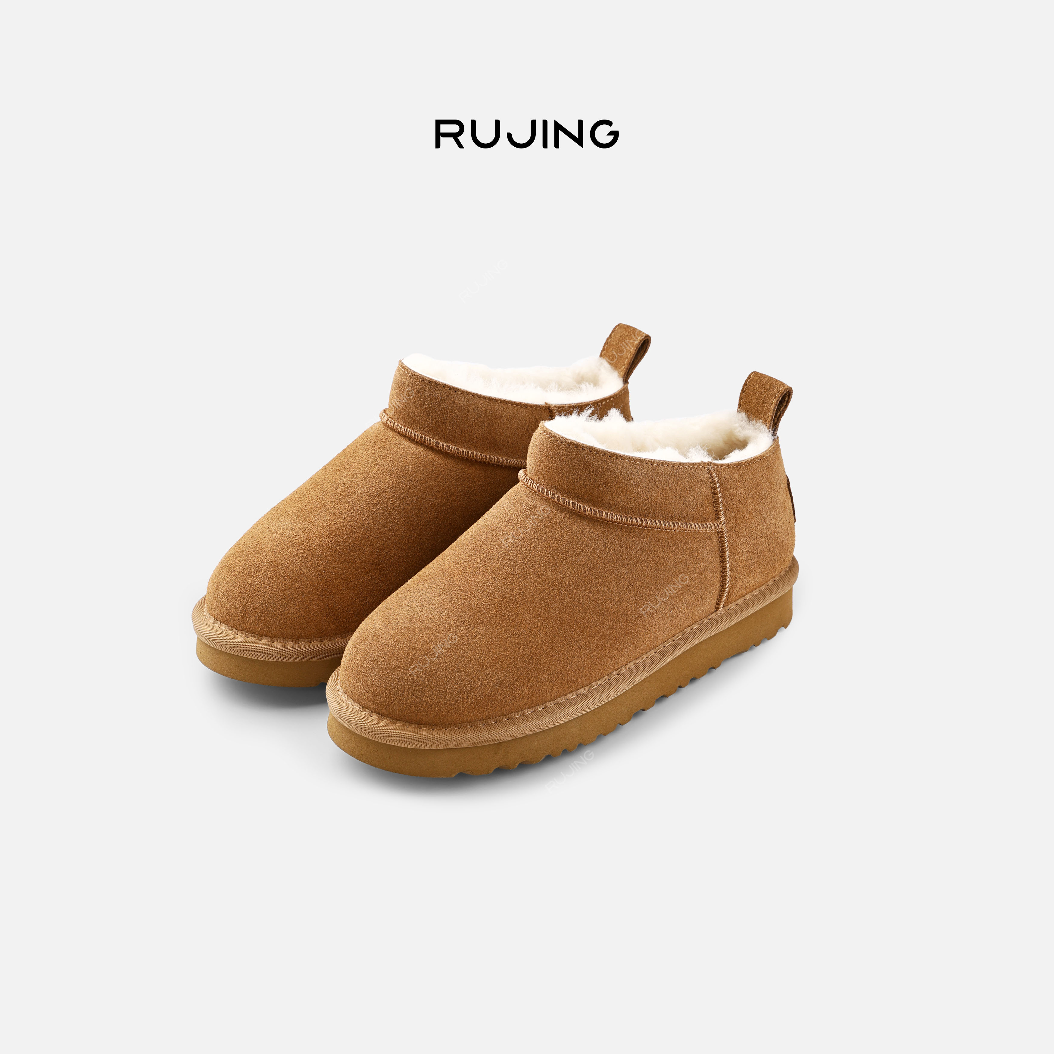 RUJING丨【奶油泡芙】牛皮反绒内里全羊毛低筒雪地靴
