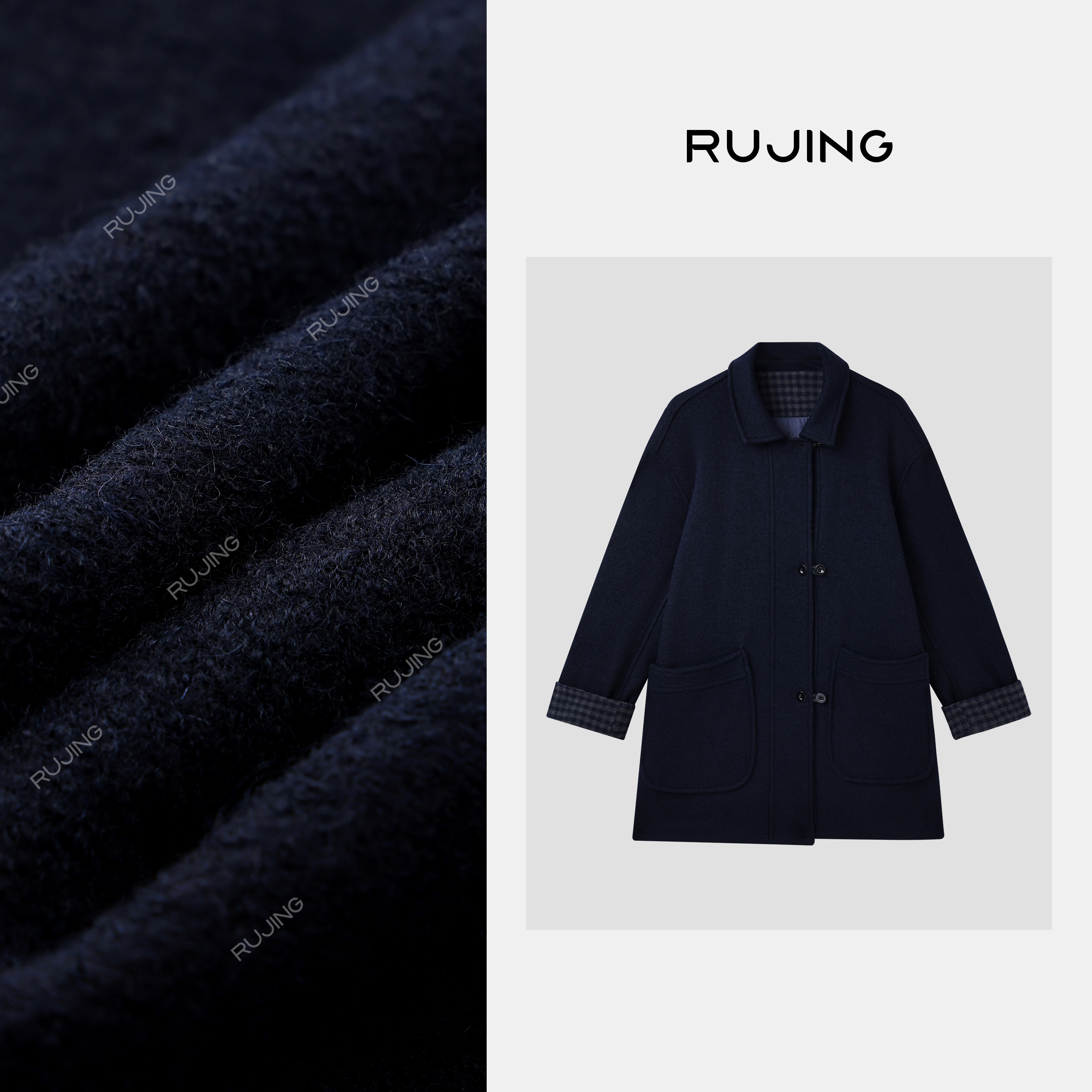 RUJING丨顶奢【格袖外套】翻领双扣大口袋羽绒外套