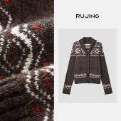 针织衫 RUJING 费尔岛 100%精纺羊毛大刀领提花开衫 黑标 开衫
