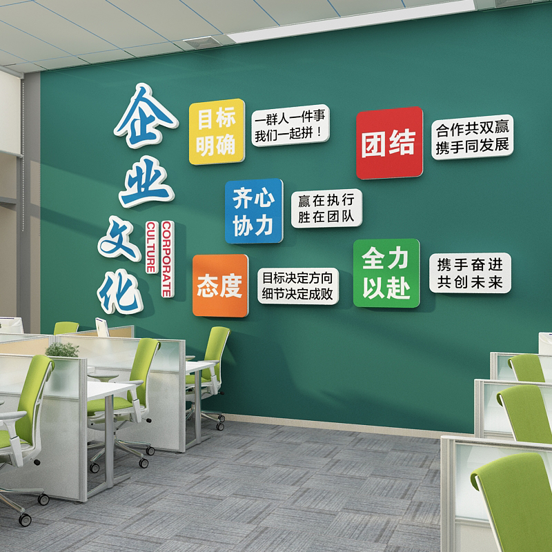 企业文化办公室墙面装饰公司会议室激励志标语贴纸布置背景设计