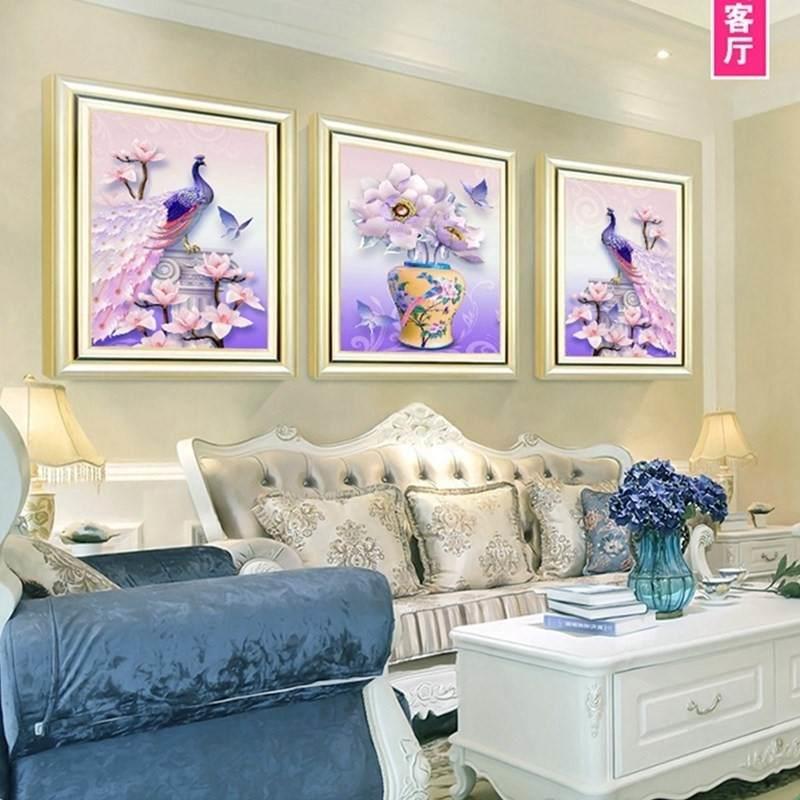 孔雀走廊结婚室内三联绣炫彩点贴手作大幅装饰画彩色图片