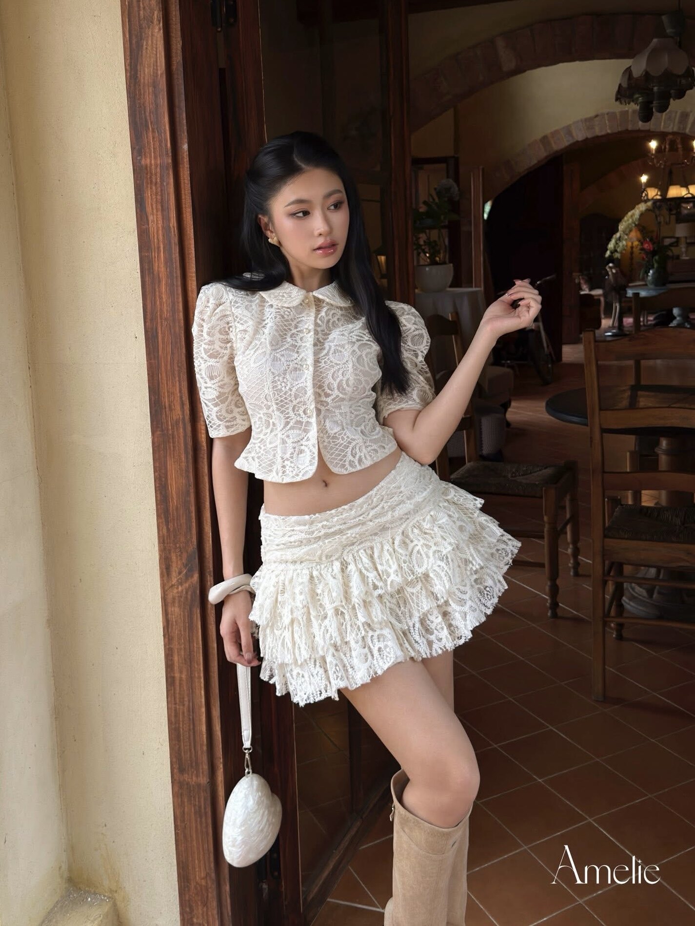 越南正品代购Amelie蕾丝短袖娃娃领短款上衣+蛋糕半身裙辣妹套装