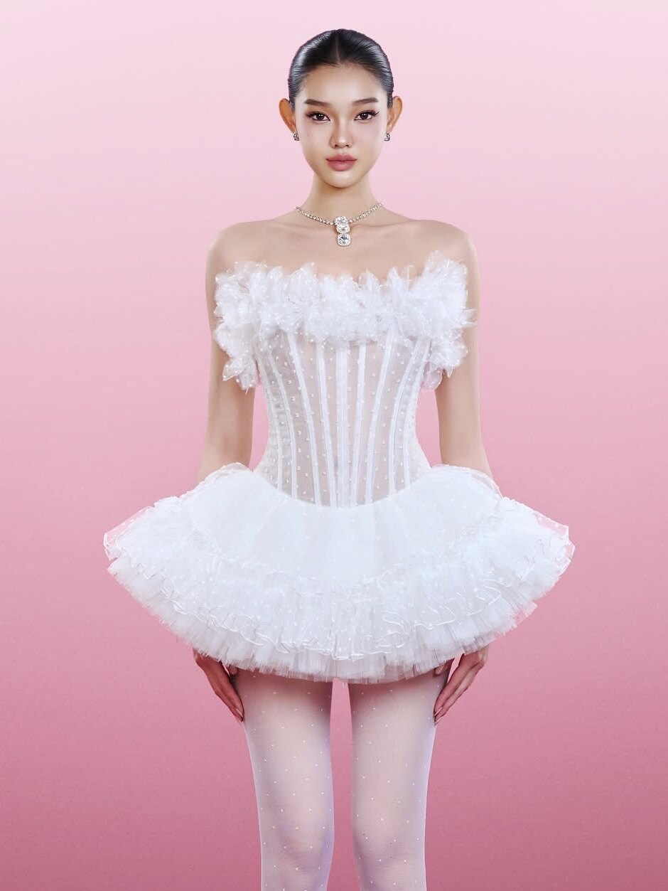 越南正品代购Moulinrose抹胸鱼骨透视蓬蓬裙甜美性感时尚辣妹