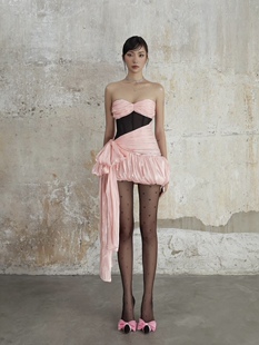 越南小众品牌Moulinrose抹胸鱼骨连衣裙拼接撞色飘带蝴蝶结礼服