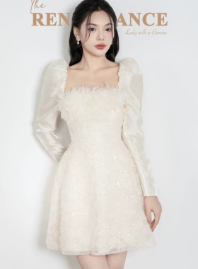 越南小众品牌SHILLA长袖方领蕾丝亮片网纱拼接连衣裙高端气质礼服