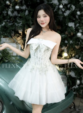 越南正品代购FLEXY抹胸鱼骨拼接花朵蝴蝶结蓬蓬裙甜美性感辣妹