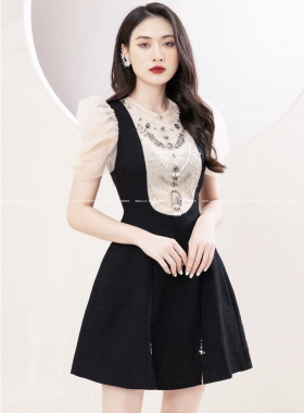 越南小众品牌服装SHILLA拼接撞色连衣裙重工钉钻高级气质礼服