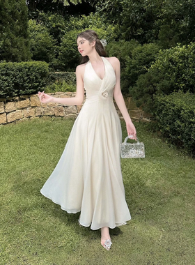 越南小众品牌SoVintage挂脖法式长款连衣裙气质高端优雅甜美礼服