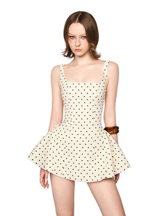 正品越南小众品牌LSOUL法式纯欲方领波点吊带蓬蓬裙甜辣风洋气