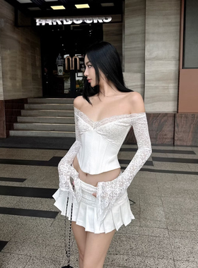 越南正品代购LSOUL蕾丝拼接长袖低胸露肩上衣+百褶半身裙套装